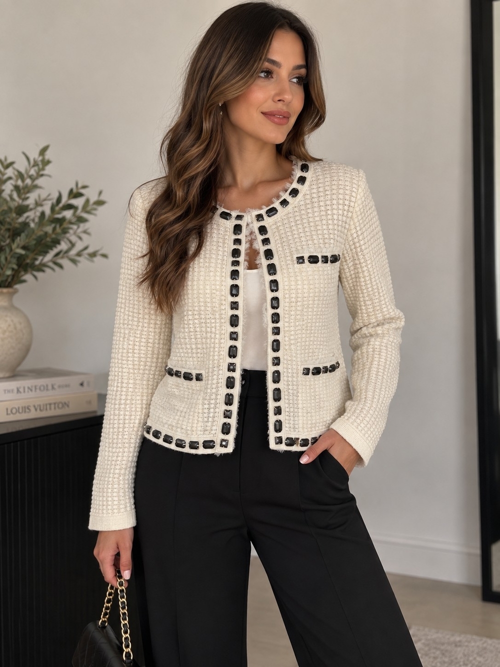 CAbi Cream Knit Jacket with Black Embellished Trim